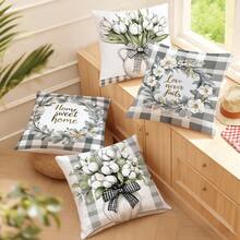 4pcs Simple Plaid & Floral Print Pillow Covers [Single-Sided Print], 17.7*17.7in(45*45cm)/19.69*19.69in(50*50cm)/15.75*15.75in(40*40cm), Spring Black & White Plaid White Floral Cushion Covers For Home, Sofa, Bedroom, Car Decor [Pillow Insert Not Included], Suitable For Daily Use, Home Decoration, Minimalist Style - Multicolor - View 5