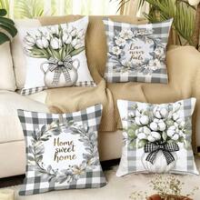 4pcs Simple Plaid & Floral Print Pillow Covers [Single-Sided Print], 17.7*17.7in(45*45cm)/19.69*19.69in(50*50cm)/15.75*15.75in(40*40cm), Spring Black & White Plaid White Floral Cushion Covers For Home, Sofa, Bedroom, Car Decor [Pillow Insert Not Included], Suitable For Daily Use, Home Decoration, Minimalist Style - Multicolor - View 11