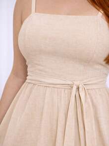 Women's Plus Size Summer Jumpsuit Dress With Elastic Back, Casual Elegant Knot And Ruffle Detail For Holidays - 米色 - 查看 4