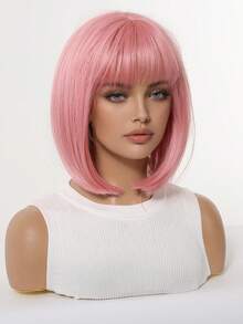 12-calowa krótka, falowana peruka syntetyczna dla kobiet, krótkie, proste włosy, odpowiednia na co dzień, święta, podróże, Halloween, Boże Narodzenie, Nowy Rok, karnawał, festiwal muzyczny, cosplay, idealna na prezenty dla dziewczyn, letnie prezenty na ukończenie szkoły, gotowe prezenty, prezenty na Halloween i Boże Narodzenie - Różowy - Zobacz 5