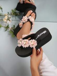 春夏EVA度假风波西米亚坡跟拖鞋，中国风花卉女士凉鞋 - 黑色 - 查看 1