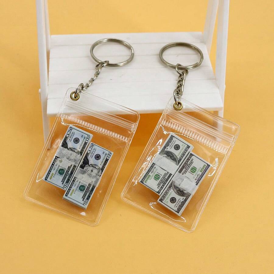 Gantungan Kunci Uang Dolar AS, Liontin Uang Dolar AS, Tas Bening Mini, Charm Koin - MultiWarna - View 1