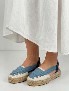 Chaussures Soraia, espadrilles plates à plateforme style bohème pour femme, sandales en toile sans talon avec brides croisées et semelle en jute tressée, idéales pour l'été et la plage. - Bleu azur - Voir 4
