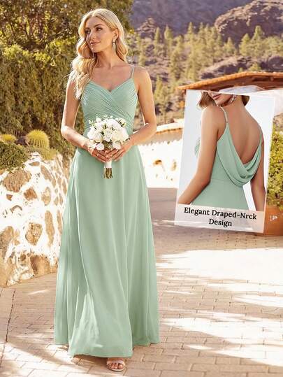 EVERPRETTY Spring Solid Color Pleated Bust Camisole Dress, Spaghetti Strap Draped Open Back Design, Elegant Sage Green Bridesmaid Dress, Wedding Guest Dress