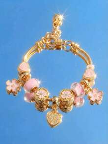 心形花朵吊坠手链 经典心形水钻手链 心形T字手链 时尚金色心形手链 女孩情人节礼物 - 彩色 - 查看 2