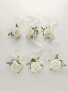 1件/2件/6件装奢华玫瑰绣球花人造花胸花和腕带，适合新郎、新娘、伴娘、婚礼、舞会、派对、正式场合 - 白色 - 查看 10