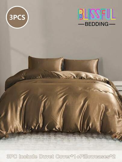 3pcs Satin Solid Duvet Cover Set, Silky Soft Polyester Sateen Bedding Set, Includes: 1 Duvet Cover With 4 Corner Ties And Zipper + 2 Pillowcases (Comforter And Pillow Insert Not Included), Suitable For Bedroom/Travel/Dorm (Boys/Girls)
