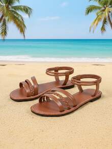 1双棕色女童平底凉鞋，编织皮革三带设计，后跟松紧带，圆头软底防滑，时尚可爱波西米亚公主风沙滩凉鞋，适合3-12岁女童，休闲、沙滩、校园、度假、春夏皆宜。 - 棕色 - 查看 6