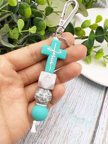 New Cross Silicone Bead Keychain Cross Charm Bracelet Style Keyring For Women Men Teens Daily Use Gift Limit One Per Order - Mint Blue - View 10