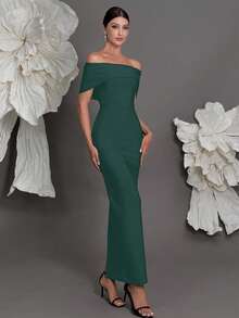 露肩绷带针织紧身连衣裙，奢华欧式风格，修身铅笔裙，适合家庭聚会、派对、宴会、婚礼等春季派对。 - 墨綠色 - 查看 4