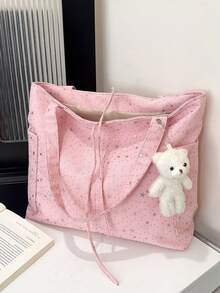 休闲尼龙女士手提包，大容量，时尚星形图案，女士单肩包，新款学生简约风格 - 粉色 - 查看 8