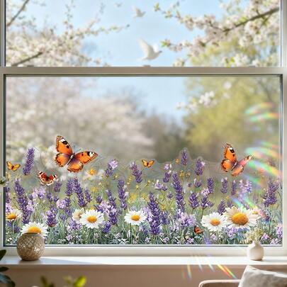 1/3 piezas Película de vinilo con diseño de mariposas y flores silvestres para ventanas, Calcomanías decorativas de vidrio esmerilado, Atrapasoles sin adhesivo anti-colisión para decoración de ventanas en el hogar, cocina, oficina y baño.