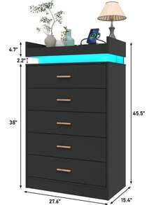5/12/16 Drawer LED Dresser With USB Powered LED Lights/Charging Station | Modern Chest Of Drawers Storage Cabinet With Power Outout For Bedroom, Entryway - 黑色 - 查看 13