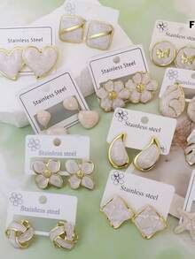 20pcs Stainless Steel Multicolor Glazed Flower/Star/Water Drop Earrings, Fashionable Luxury High-End Versatile Earrings, Suitable For Women's Daily Wear And Valentine's Day Gifts (Random Assortment) - Multicolor - View 1