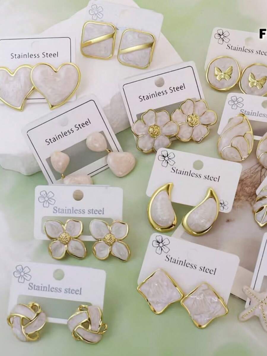 20pcs Stainless Steel Multicolor Glazed Flower/Star/Water Drop Earrings, Fashionable Luxury High-End Versatile Earrings, Suitable For Women's Daily Wear And Valentine's Day Gifts (Random Assortment) - Multicolor - View 1