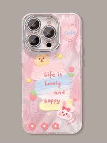 1pc Elegant Cute Paint Rabbit Feather Soft Phone Case Compatible With IPhone 11/12/13/14/15/16/17 Pro Max - Pink - View 2