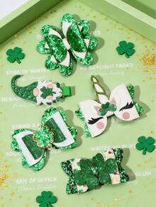 5 piezas Pasadores de pelo con trébol de San Patricio, lazo verde, unicornio irlandés princesa (sin tarjeta de papel) - color mezclado - Ver 2