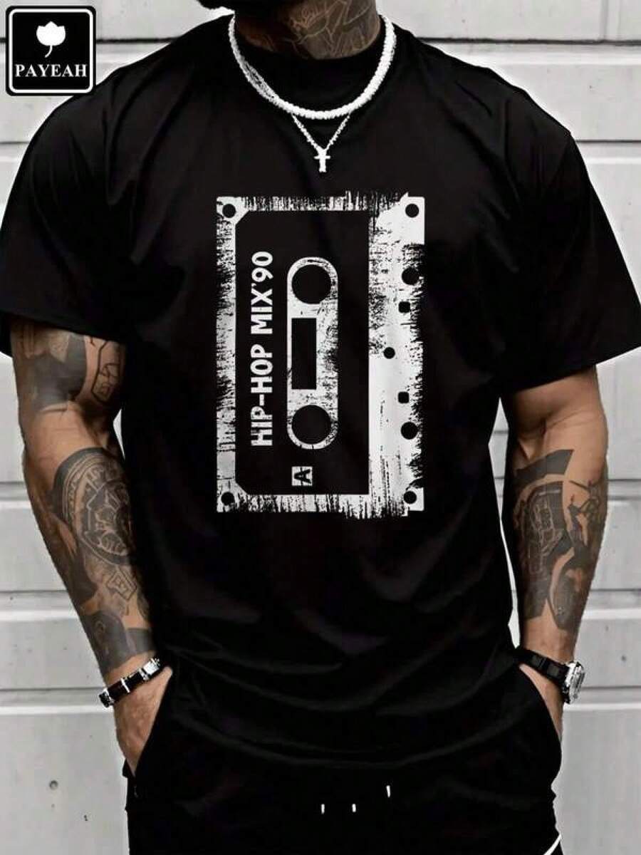 Shirts For Men Tshirt Hip Hop Rap Mixtape Cassette DJ Retro 90s Vintage Cassette  Heavy Cotton Men's Casual Print Round Neck Short Sleeve T-Shirt Men Women T-Shirt Print Tee - 黑色 - 查看 1