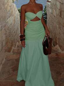 Sexy Casual Strapless Hollow-Out A-Line Vacation Dress, Spring/Summer Elegant - Mint Green - View 5