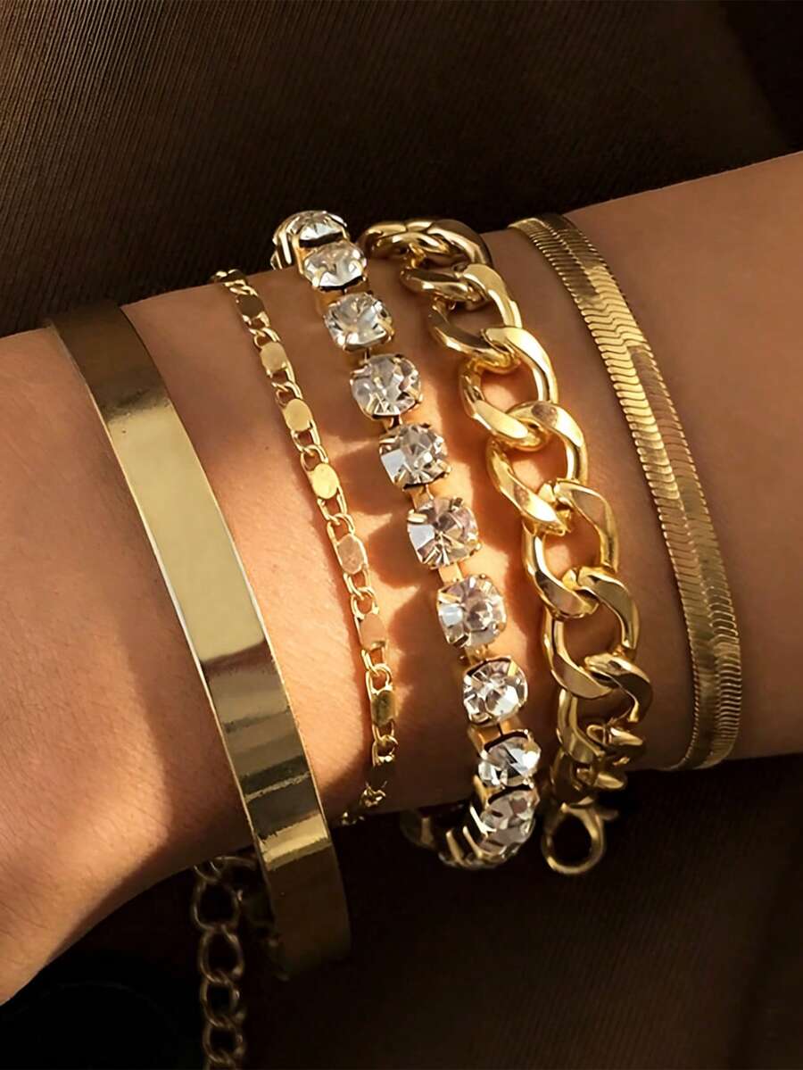  5Pcs/Set Luxurious Bracelets For Women Rhinestone Shiny Adjustable Opening Chain Bracelets Punk Bangle Fashion Jewelry Accessories - Yellow Gold - View 1