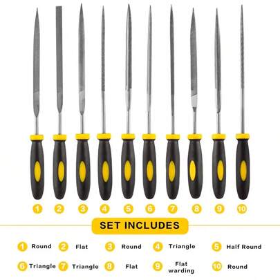 10pcs Alloy Steel File Set, Includes Precision Round, Half-Round, Flat, Square, Triangle, Oval, Double Half-Round, Tapered Flat, Triangular, Knife-Shaped Files, Suitable For Woodworking, Metalworking, Wood Carving, Professional DIY Processing Tools