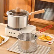 4-Piece Stainless Steel Multi-Purpose Deep Fryer Set (Includes Non-Stick Deep Fryer, Frying Rack, Glass Lid, And Clips) - Essential Kitchen Deep Fryer For Noodles/Butter - Silver - View 3