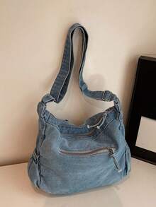 休闲简约轻便女士斜挎包，独特褶皱设计搭配蝴蝶结装饰，大容量，方便通勤，适合上学、上班，也可作为女士单肩包使用。 - 藍色 - 查看 11