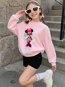 1pc Disney Minnie Mouse Playful Drink-Holding Graphic Tween Girls Casual Sweatshirt - Soft & Versatile, Perfect For Daily Wear And Weekend Outings - 粉色 - 查看 2