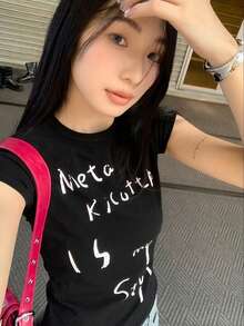 女士圆领短袖T恤，美式辣妹风格，夏季新款字母印花，时尚百搭修身露脐上衣 - 黑色 - 查看 1