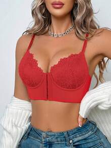 Women's Red Lace Front-Closure Underwire Push Up Bra - Side Coverage & Anti-Sag - Red - View 7
