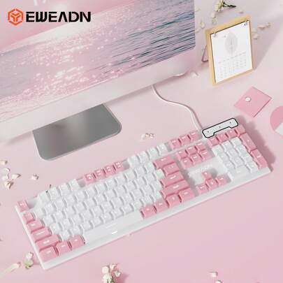  Teclado con cable rosa EWEADN, teclado ergonómico de tamaño completo con teclado numérico, teclas suaves y silenciosas, retroiluminación LED blanca, estética kawaii linda para mujeres, oficina en casa, estudio, escritorio portátil, teclas ABS, membrana, no mecánico