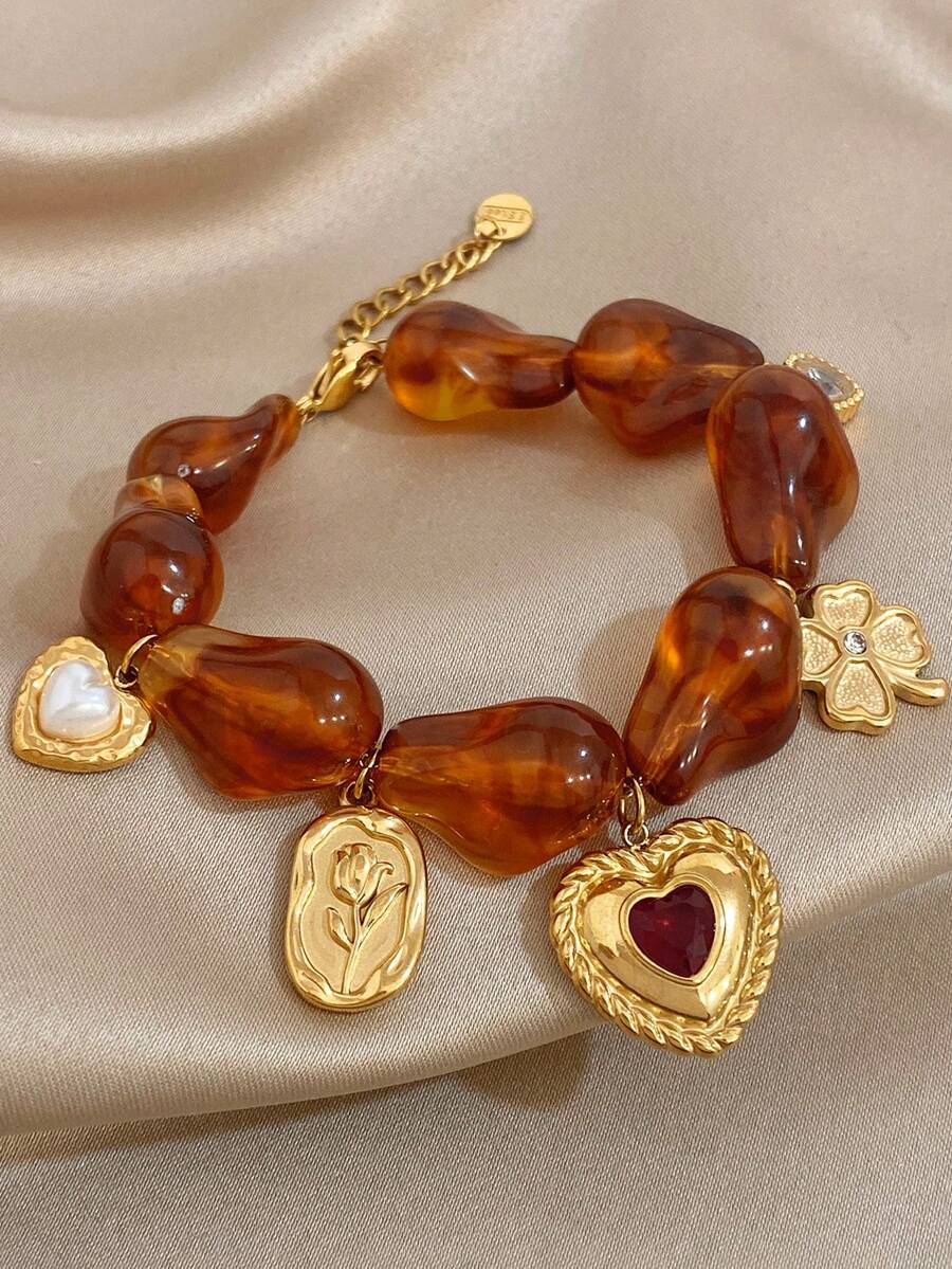 1条复古甜心琥珀心形花朵吊坠手链，18K镀金不锈钢材质，可调节，奢华优雅女士饰品，适合约会、下午茶、音乐节、生日礼物、浪漫波西米亚风配饰、情人节、派对、晚宴、日常佩戴、约会、新年、婚礼、海滩、圣诞节周年纪念日等场合。 - 彩色 - 查看 1