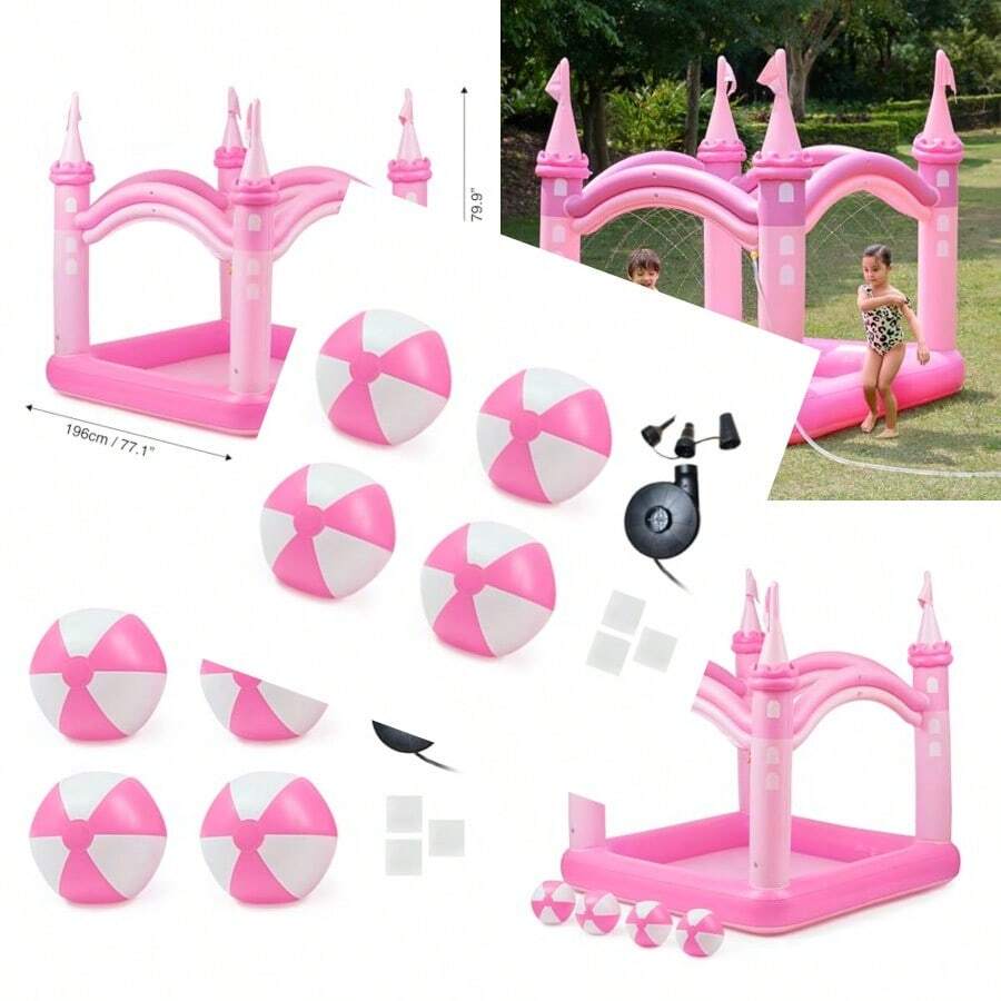 Teamson Giant Inflatable Pink Castle Wading Pool And Sprinkler For Beach Balls Included - As Pic - View 1