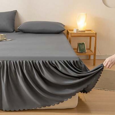 1pc Deep Gray Washed Cotton Lace Elastic Waist Bed Skirt, Highest Comfort, Antibacterial, Skin-Friendly, Suitable For Bedroom, Guest Room, Dormitory, All Seasons