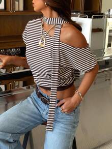 Áo thun ngắn tay dáng lửng in sọc, bèo nhún bất đối xứng, thiết kế kiểu Mỹ cổ điển GLOpass, kiểu áo thời trang thắt eo dành cho nữ mùa hè. - màu nâu - Xem 7