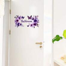 2片装大尺寸浴室墙贴，水彩蝴蝶花环紫色花朵图案，印有“浴室”字样，自粘防水PVC乙烯基材质，适用于卫生间、浴室门等家居装饰，可移除艺术壁画，适用于客房、公寓改造和日常生活美化。 - 牆貼 - 查看 3