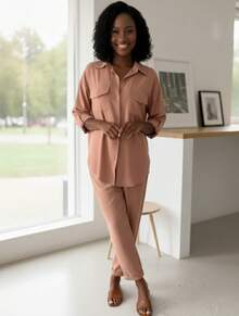 Women's Set: Pants And Shirt With Elastic Waistband, Comfortable, Casual, And Stylish For Everyday Wear. - 乾枯玫瑰色 - 查看 3