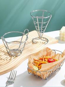 1pc Silver Snack Basket, Fries Basket, Chicken Wings And Fried Chicken Bread Basket, Bar Fried Food Serving Tray, , Easy To Clean, Reusable, Ideal For Home Use - Silver - View 2