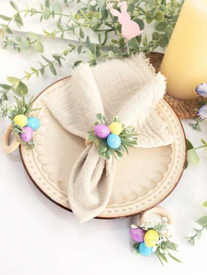 3pcs Easter Napkin Rings Holder, Fake Eggs And Artificial Plant Napkin Rings Decor For Dining, Spring Cottagecore Table Setting Decoration
