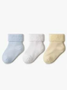 3 Pairs Newborn Calf Socks, Solid Color Mid-Calf Long Socks, Fuzzy Thickened Warm Socks With Anti-Slip Dots, For Baby Boys And Girls - Multicolor - View 1