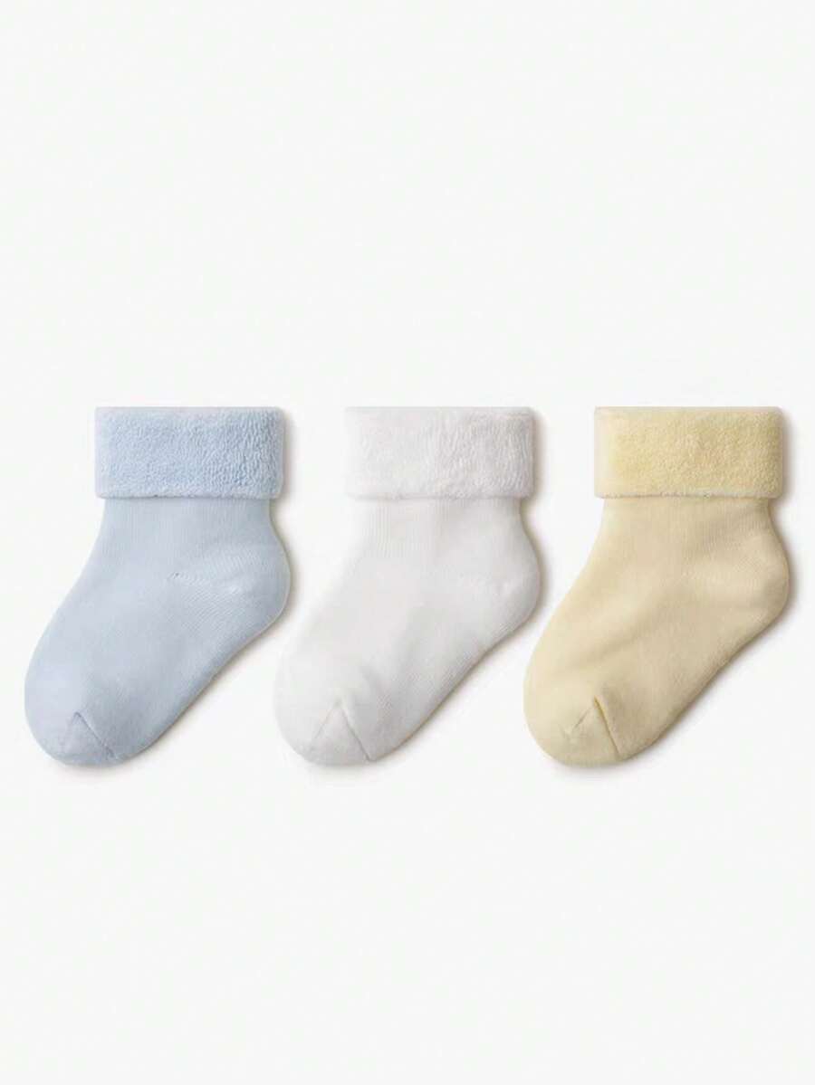 3 Pairs Newborn Calf Socks, Solid Color Mid-Calf Long Socks, Fuzzy Thickened Warm Socks With Anti-Slip Dots, For Baby Boys And Girls - Multicolor - View 1