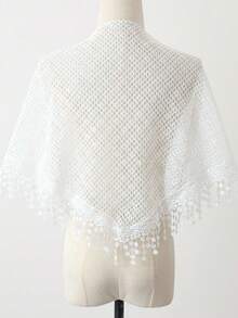 新款热销女士三角披肩，网纱、亮片和蕾丝饰边——多功能头巾围巾，浪漫透气，纯色，宽松版型 - 大尺寸版白色 - 查看 2