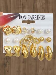 VKME 18PCS Metal Material Asymmetrical Bow Zirconia Fresh Lovely Earrings Ladies Casual Wear - Yellow Gold - View 1