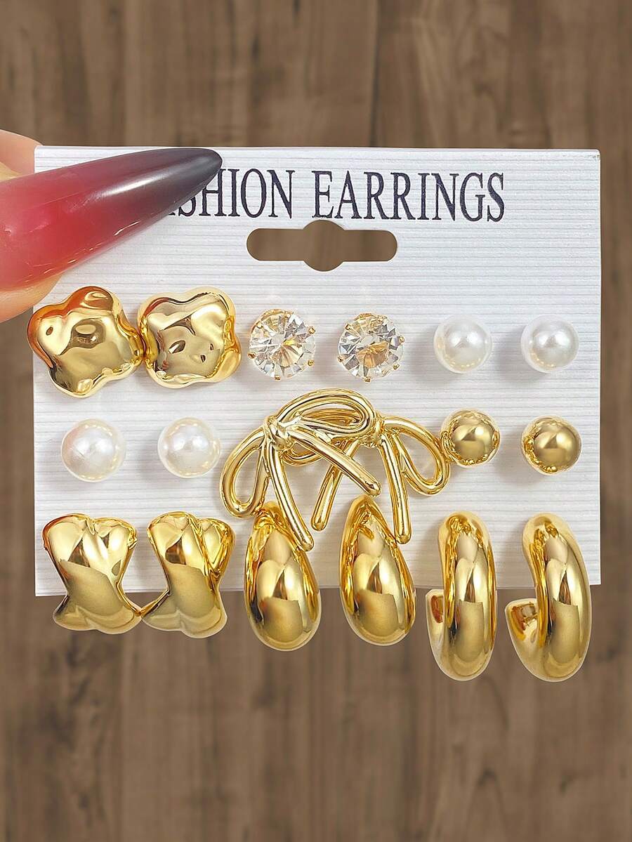 VKME 18PCS Metal Material Asymmetrical Bow Zirconia Fresh Lovely Earrings Ladies Casual Wear - Yellow Gold - View 1