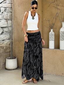 Vintage Cashew Flower Print Mesh Sheer Low Waist Draped Asymmetrical Hem Skirt Black Summer - Black - View 3