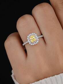 1枚925纯银经典奢华方形钻石四爪戒指，情人节生日情侣礼物，迷人优雅吊坠戒指，女士款 - 銀色 - 查看 5