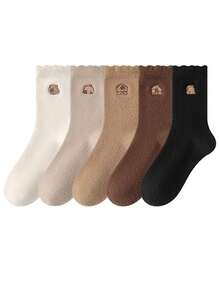 5 Pairs Unisex Cute Capybara Cartoon Socks, Black, White, Khaki Mid-Calf Socks, Soft & Comfortable, Decorative Spring & Home Socks - Multicolor - View 3