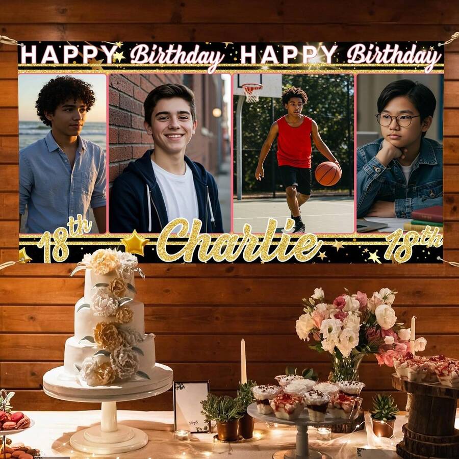 Customized Birthday Banner Personalized With Pictures And Name, Happy Birthday Party Decorations For Husband Or Men, Unique Celebration Backdrop Banner For Event - Color 5 - View 1