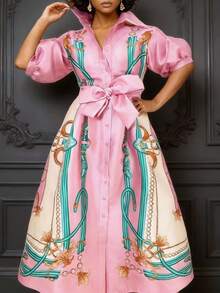 GLOURI Women's Pink Equestrian Print Maxi Shirt Dress - Button-Front & Puff Elbow Sleeve & Self-Tie Waist & High Slit Detail | Chic Bold Fit For Tropical Vacation Trips, Weekend Shopping Sprees For Effortlessly Glamorous Stylish Looks - 粉色 - 查看 3