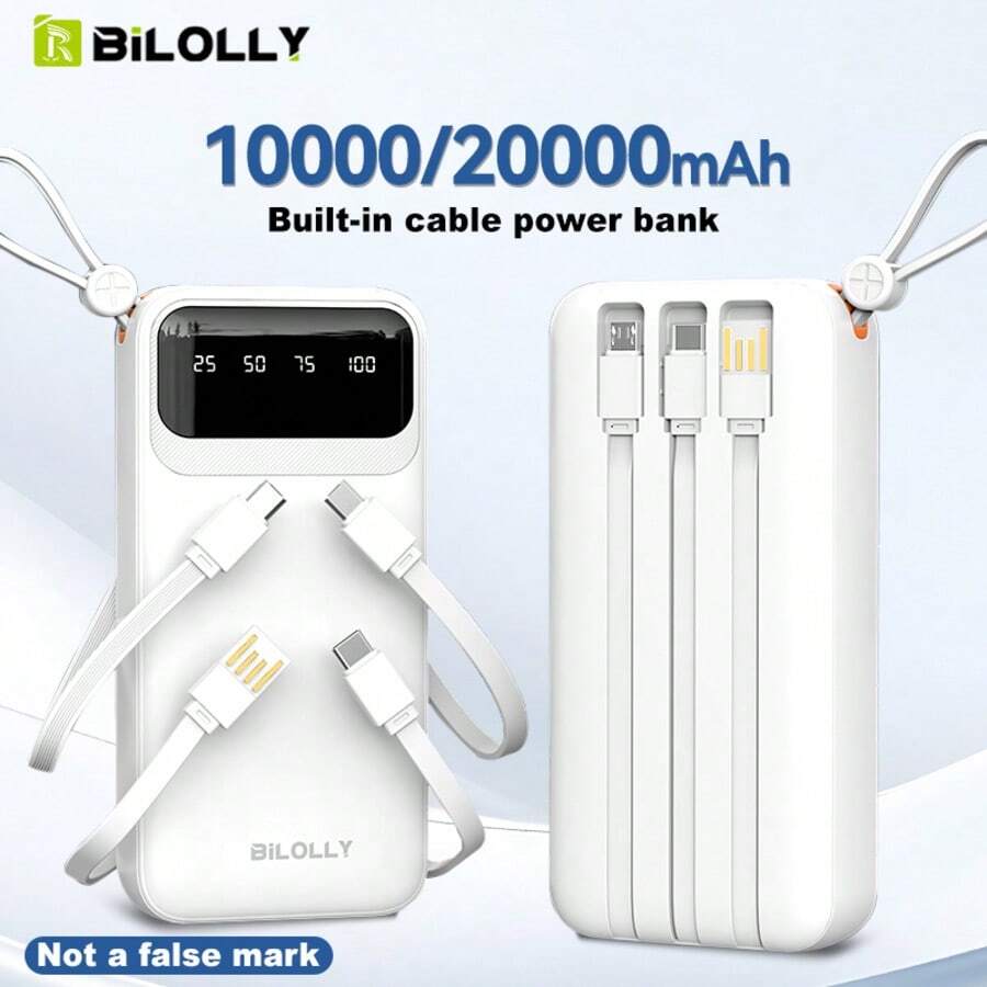Portable Power Bank, 10000mAh/20000mAh High-Capacity Battery, Compact And Portable, Built-In 4-In-1 Cable Support, Ideal For Daily Commutes, Home Use, Travel, And More. - White - View 1